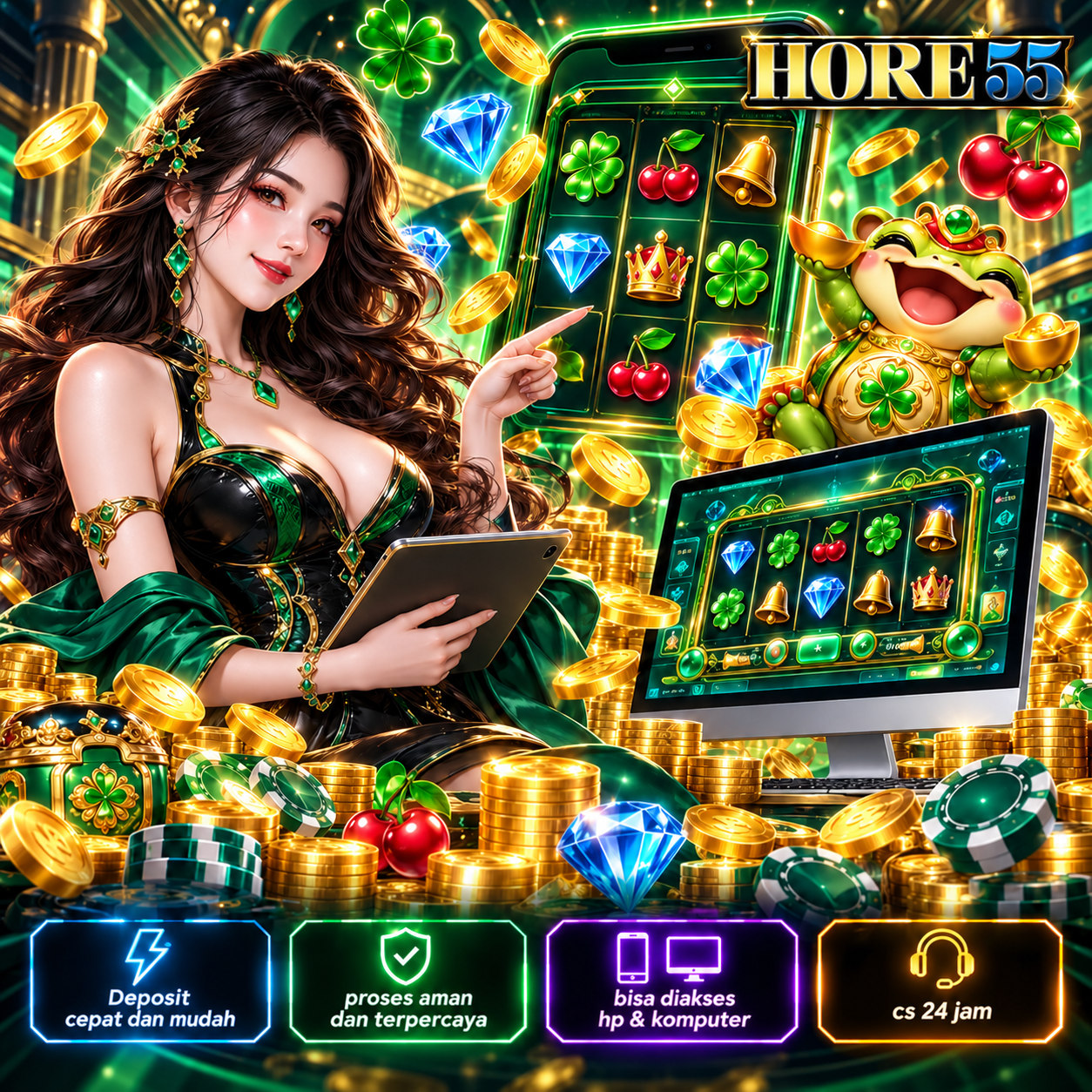 Poster HORE55 hijau dan emas dengan tokoh fantasi, perangkat dan ikon game